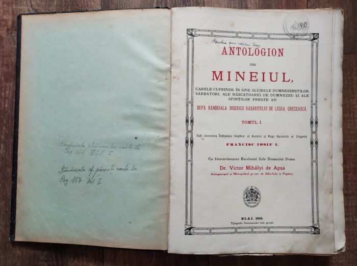 (T) Antologion sau Mineiul &ndash; Blaj, 1910, vol. I, format mare, 496 pagini, lipsa cotor