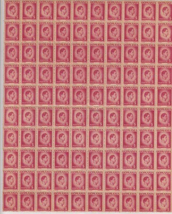ROMANIA 1945/1947 LP 188 UZUALE MIHAI I HARTIE GRI VALOAREA 5 LEI ROSU VIOLET COALA 100 TIMBRE MNH