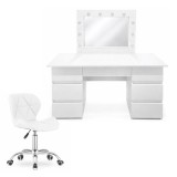 Masa de toaleta/machiaj, Vanessa + scaun Avola, alb, cu oglinda si LED-uri, 130x43x143 cm