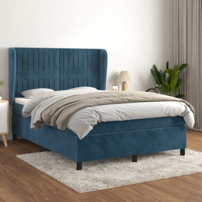 vidaXL Pat box spring cu saltea, albastru &amp;icirc;nchis, 140x190 cm, catifea foto