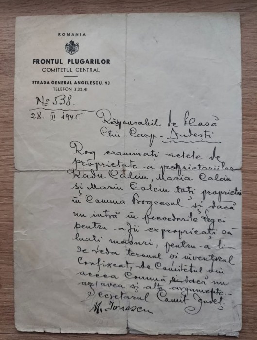 Document Antet Frontul Plugarilor / Proprietate Dudesti Radu Calciu / Expropiere 1945