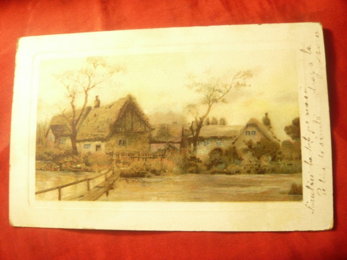 Ilustrata -Peisaj rural- pictura ,circ.1912 Buc.-Craiova cu timbru 5 bani Carol