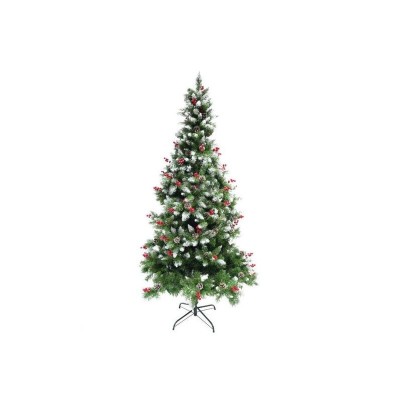 Brad artificial de Craciun eMazing, nins, decorat cu conuri pin rosii, pentru perete/colt, inaltime 150 cm, diametru 83 cm, 319 ramuri, suport metalic foto