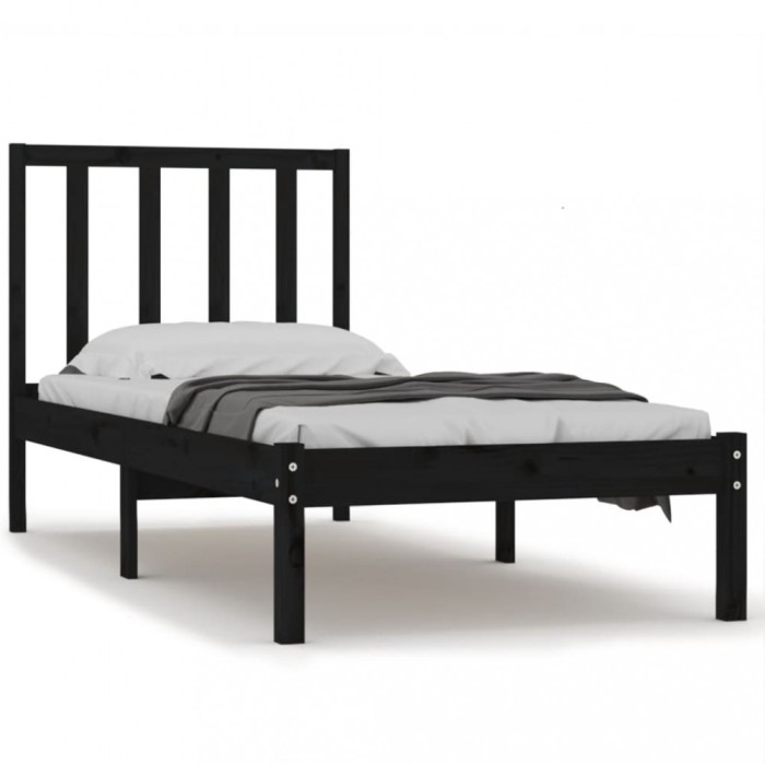 Cadru de pat mic single, negru, 75x190 cm, lemn masiv de pin