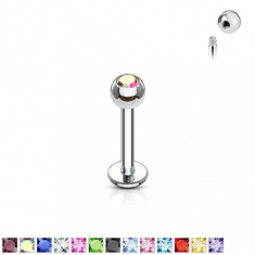 Piercing Labret din o?el - finisaj cu bila cu un zirconiu stralucitor - Dimensiune: 1,6 mm x 10 mm x 4 mm, Culoare zirconiu piercing: Verde deschis - foto