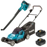 Makita DLM432CT2 + DUB186Z - Masina de tuns iarba cu 2 acumulatori Li-Ion 18 V 5 Ah 43 cm 50 l + Suflanta de gradina 186 m3/h