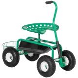 Outsunny Scaun rotativ 360 &deg; reglabil pe &icirc;nălțime cărucior de grădină cu spațiu de depozitare Roți m&acirc;ner scaun de grădină mobil rotativ scaun de lucru