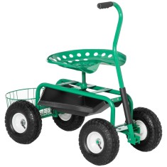 Outsunny Scaun rotativ 360 &deg; reglabil pe &icirc;nălțime cărucior de grădină cu spațiu de depozitare Roți m&acirc;ner scaun de grădină mobil rotativ scaun de lucru