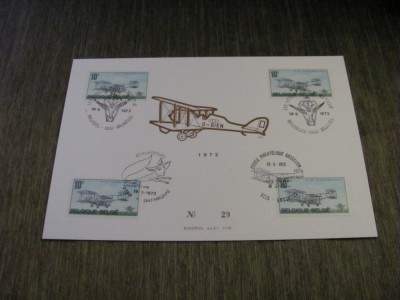 Avion Biplan O-BIEN, 4 Timbre Obliterate 10Fr, Ștampile Speciale , Colecție Aviație Carton Filatelic Belgia 1973 foto