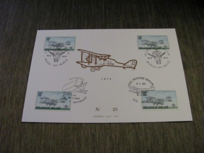 Avion Biplan O-BIEN, 4 Timbre Obliterate 10Fr, Ștampile Speciale , Colecție Aviație Carton Filatelic Belgia 1973