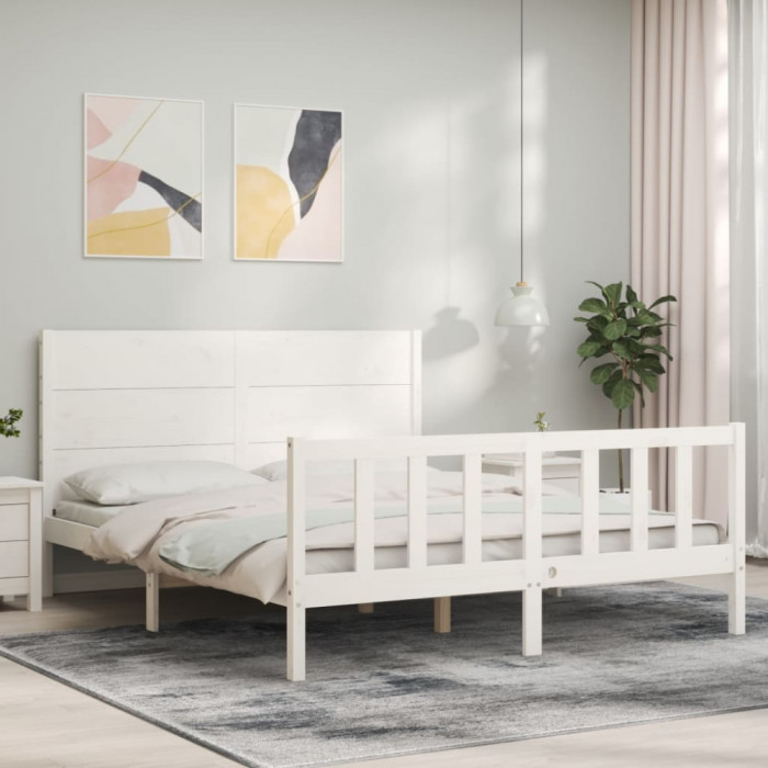 Cadru de pat cu tablie, alb, 160x200 cm, lemn masiv GartenMobel Dekor