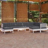 vidaXL Set mobilier de grădină cu perne, 9 piese, alb, lemn masiv pin