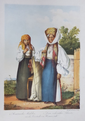 DOUA FEMEI IN COSTUM POPULAR ROMANESC , LITOGRAFIE COLOR , TEXT IN LIMBA GERMANA , DATATA 1857 foto