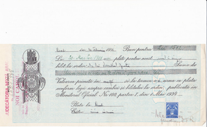 Banca Nationala - Cambie - BILET LA ORDIN 1938 TIMBRU SEC 8 LEI APOSTILA
