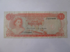 Rara! Bancnota 5 Dollars 1968 Bahamas foto