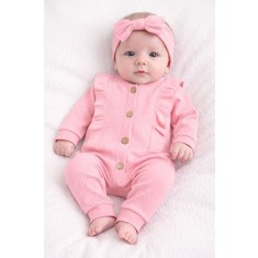 Salopeta bebe fetite bumbac rib cu volanase si bentita set roz (Marime
