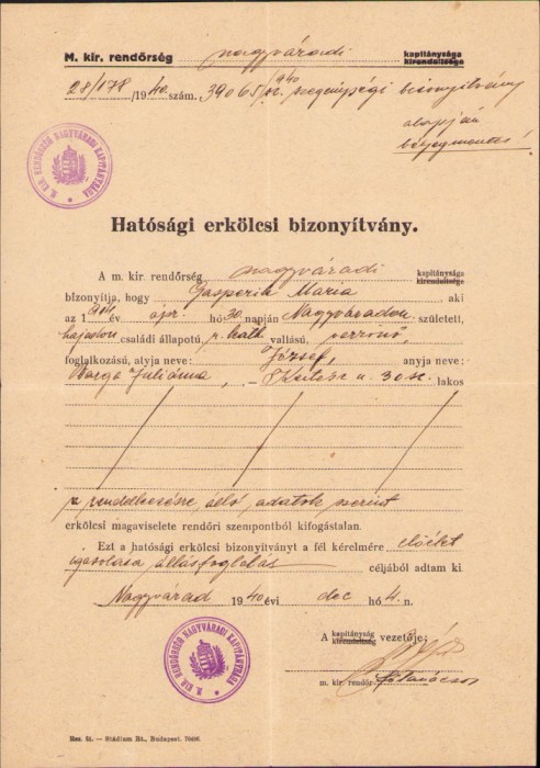 HST A1218 Certificat de moralitate 1940 Oradea