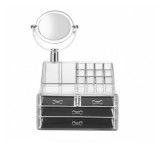 Organizator Cosmetice Acrilic 4 Sertare + Oglinda Machiaj, Transparent, 24x15x18.6cm, 16 Compartimente
