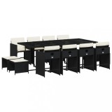 Set mobilier de gradina cu perne, 13 piese, negru, poliratan