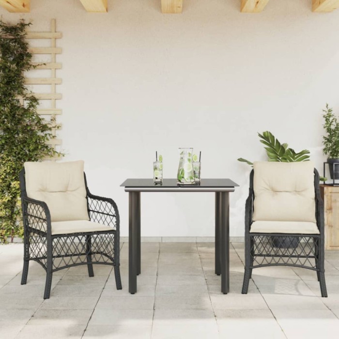 Gossi set bistro cu perne, 3 piese, negru, poliratan