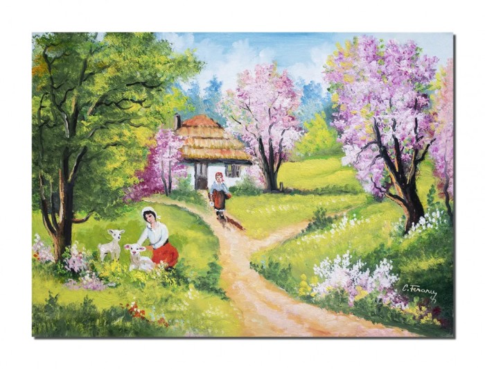 Tablou peisaj de primavara pictat manual, Amintiri la bunici, 70x50cm ulei pe panza, Constantin Feraru