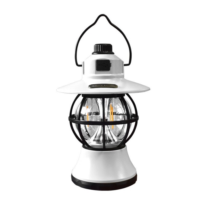 Lamp&Auml; camping retro re&Atilde;&reg;nc&Auml;rcabil&Auml;, 3 moduri iluminare, 1200mah, led 5w, intensitate reglabil&Auml;, culoare alb&Auml;, 20 cm, portabil&Auml; cu m&Atilde;&cent;ner