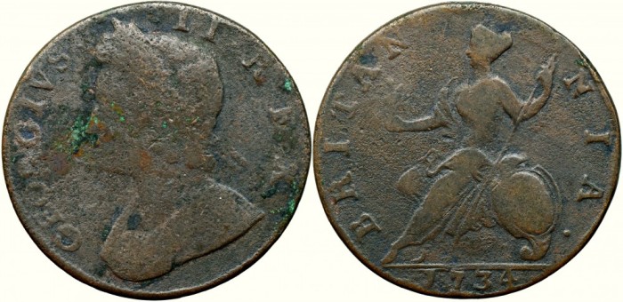 1734, &frac12; penny - George al II-lea - Regatul Unit!