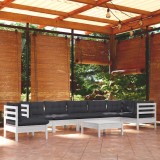 VidaXL Set mobilier grădină cu perne, 9 piese, alb, lemn masiv pin 3096738