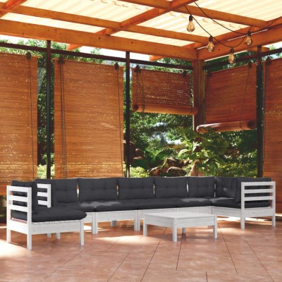 vidaXL Set mobilier grădină cu perne, 9 piese, alb, lemn masiv pin 3096738 foto