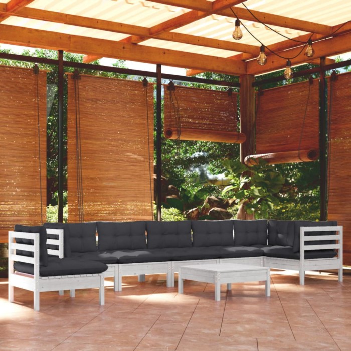 vidaXL Set mobilier grădină cu perne, 9 piese, alb, lemn masiv pin 3096738