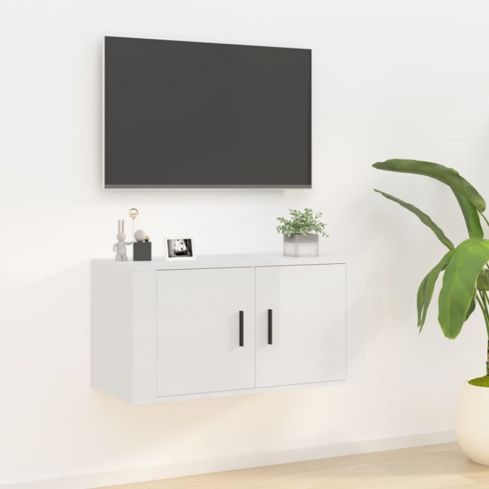 Dulap TV montat pe perete, alb extralucios, 80x34,5x40 cm