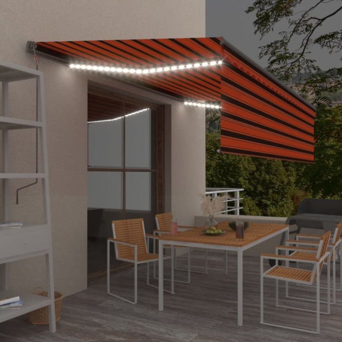 Copertină automată, stor&amp;senzor v&acirc;nt&amp;LED, portocaliu&amp;maro 5x3 m