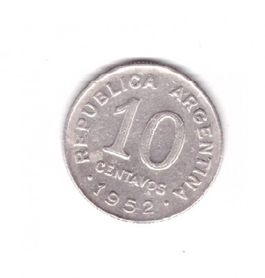 Moneda Argentina 10 centavos 1952, cantul cu zinti, stare buna, curata foto