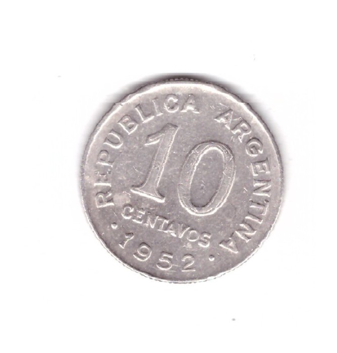 Moneda Argentina 10 centavos 1952, cantul cu zinti, stare buna, curata