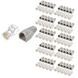 Cumpara ieftin Set 50 bucati conectori retea RJ45 Cat6e ecranati EZ pass through cu pini placati cu aur si 50 bucati mansoane protectie RJ45 pentru cablu UTP sau FTP
