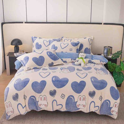 Lenjerie de pat dublu cocolino,4 piese cu elastic,alba cu inimi albastre-A953 foto