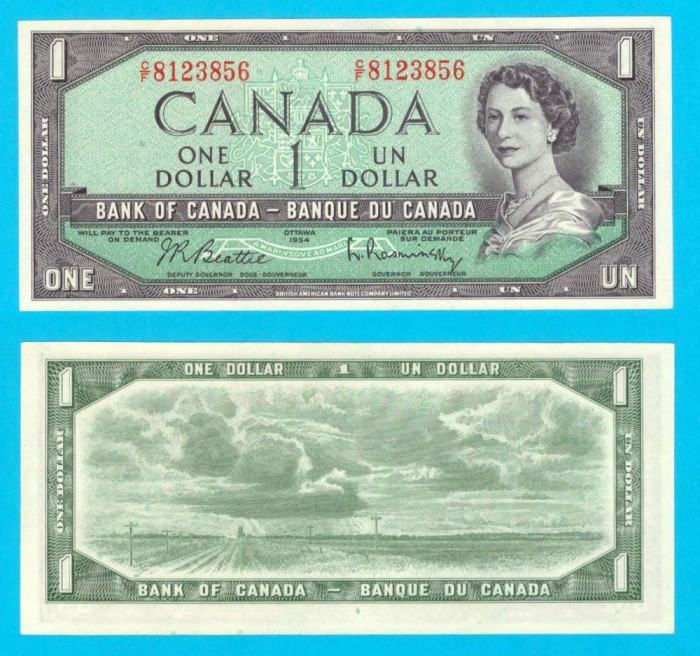 Canada (p#75) 1 Dollar 1954 UNC &#039;Fără fața diavolului&#039; serie: C/F 8123856