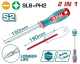 Surubelnita 2 &icirc;n 1 TOTAL SL6 + PH2, varf magnetic, otel S2, 150 mm