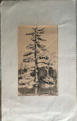 Lucrare Ștefan Popescu, tuș și laviu, 24 x 14 cm suprafata lucrata, paspartu carton subtire, arta romaneasca, artist roman foto