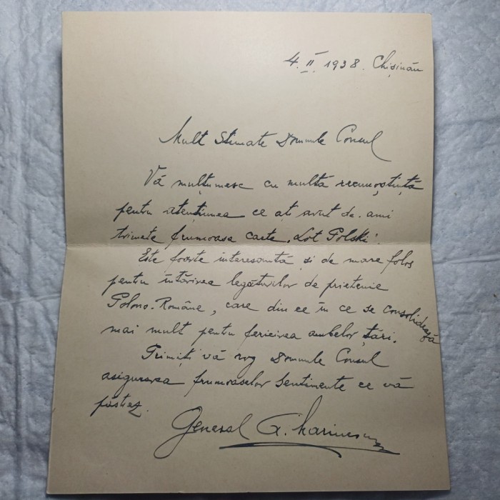SCRISOARE TRIMISA DE GENERALUL G.MARINESCU CATRE CONS. POLONEZ LA CHISINĂU 1938.