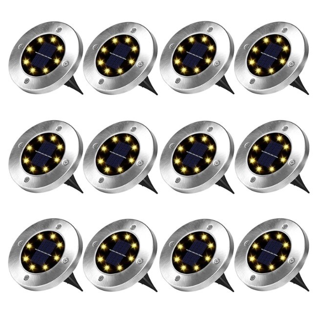 Set 12x Lampa Cu Incarcare Solara Rapida SI Timp Mare De Utilizare, alb cald, Tip Spot Cu 8 Leduri, Pentru Gradina, WaterProof, IP65, Carcasa Din Meta