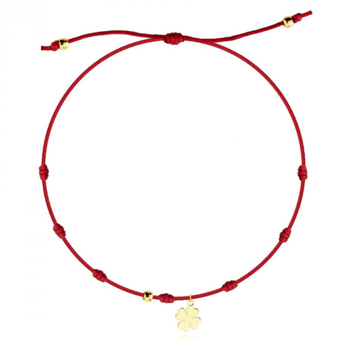 Brățară reglabilă cu pandantiv din aur 585 &ndash; trifoi cu patru foi, șnur roșu