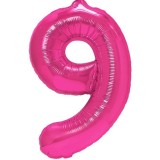 Balon din folie metalizata flippy, figurina cifra, tema aniversare 40 cm, ambalaj individual, pai inclus, umflare cu aer sau heliu, roz, cifra 9