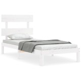 Cadru de pat cu tablie single, alb, lemn masiv