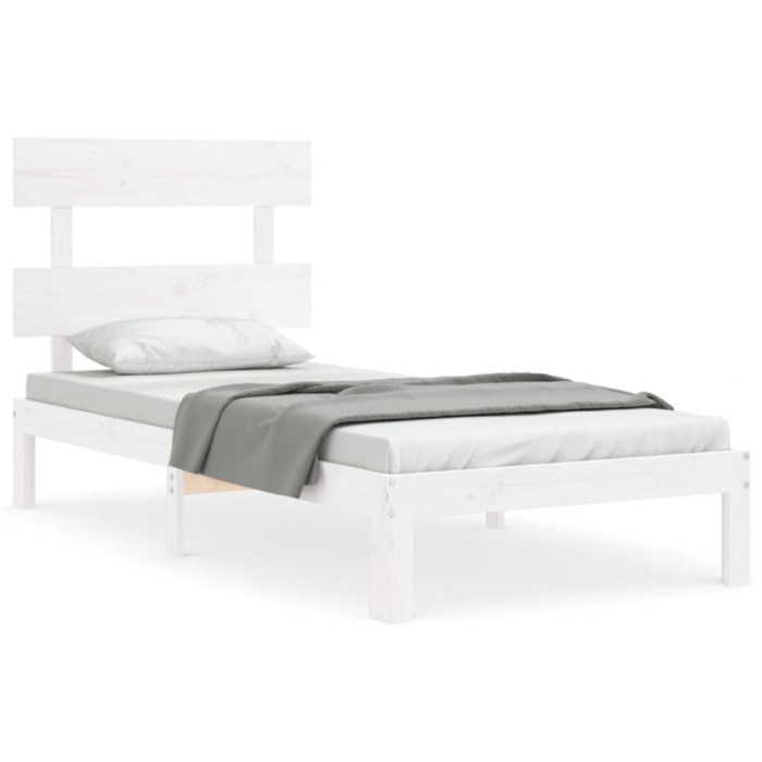 Cadru de pat cu tablie single, alb, lemn masiv