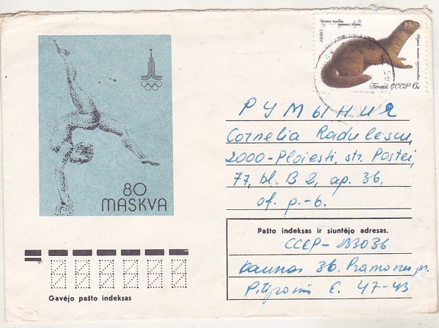 bnk fil URSS Lithuania - plic ocazional JO Moscova 1980 - circulat catre Romania