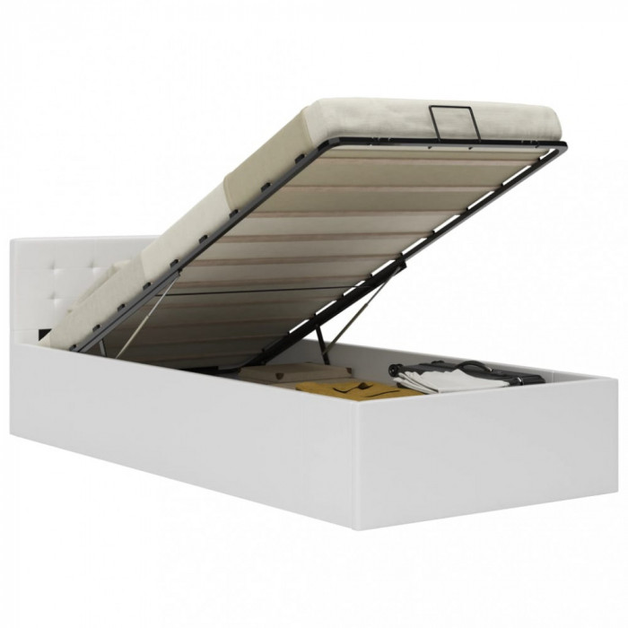 Cadru pat hidraulic cu ladă, alb, 90 x 200 cm, piele ecologică