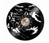 Ceas de perete din disc vinil, Tematică Schi / Ski, Design Montan cu Schiori, Negru, 30 cm