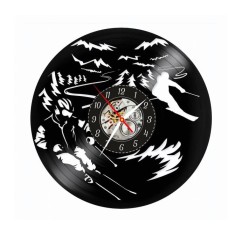 Ceas de perete din disc vinil, Tematică Schi / Ski, Design Montan cu Schiori, Negru, 30 cm