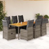 vidaXL Set bistro de grădină cu perne, 9 piese, gri, poliratan
